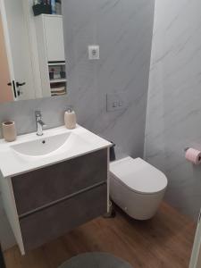 埃斯波森迪Apartamento Cinema para férias em Esposende的白色的浴室设有水槽和卫生间。