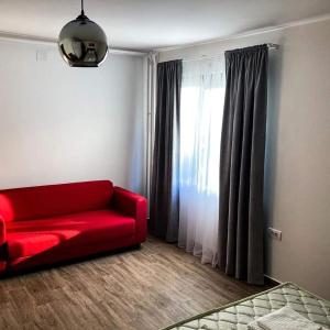 NemenikućeKosmajski raj的客厅里的一个红色沙发,带有窗户