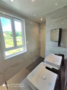 贝桑于潘港Maison des Pommiers - Bord de mer et campagne的一间带白色水槽和窗户的浴室