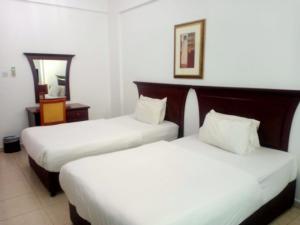 拉斯阿尔卡麦Oasis Hotel Apartment的酒店客房,设有两张床和镜子