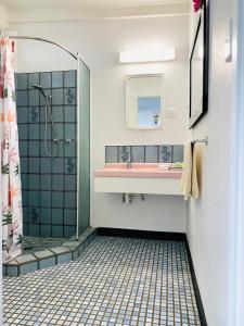 莫韦尔谷中汽车旅馆 的带淋浴、盥洗盆和镜子的浴室
