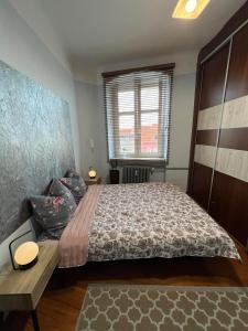 绿山城Jedności Hostel的一间卧室配有一张大床和一张桌子
