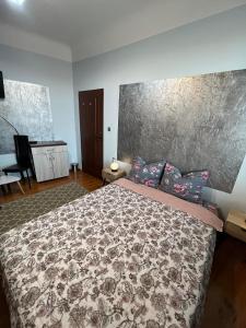 绿山城Jedności Hostel的一间卧室配有一张带枕头的大床