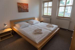 塞巴特阿尔贝克Ferienwohnungen Wollenberg的一间卧室配有带白色床单和枕头的床。