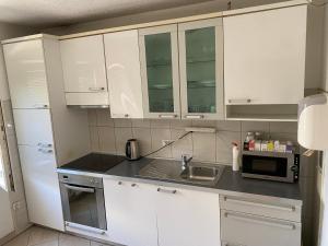 普里什蒂纳Bus Station Hostel的厨房配有白色橱柜、水槽和微波炉
