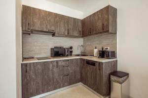 布加勒斯特Fancy Penthouse Studio with Lakeview W10的一间带木制橱柜和微波炉的厨房