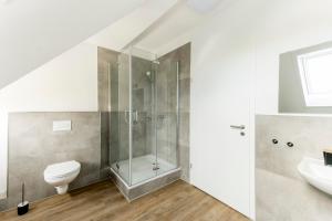 格拉登巴赫Suite Appartements Da Giovanni的带淋浴、卫生间和盥洗盆的浴室