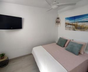 宏达海滩Paradise room near the beach的一间卧室配有一张床和一台平面电视