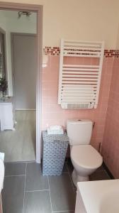 阿梅利莱班帕拉勒达T2 Tout Confort的一间带卫生间的浴室和粉红色的瓷砖墙