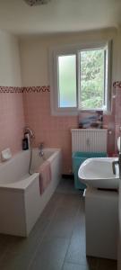 阿梅利莱班帕拉勒达T2 Tout Confort的带浴缸和盥洗盆的浴室