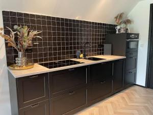 泽伊德沃尔德Luxe Vakantiehuis met optionele privé Wellness的厨房设有水槽和黑色瓷砖墙。