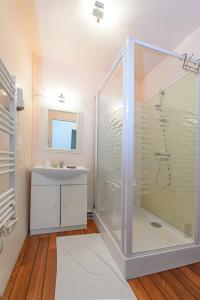 Pont-de-RoideHOTEL DES VOYAGEURS的带淋浴和盥洗盆的浴室