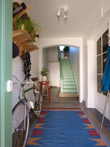 布鲁日Rûte - Bed no Breakfast的一条有蓝色地毯的走廊和一条有自行车的楼梯