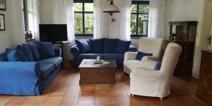 PutgartenFerienhaus Arkona Putgarten的客厅配有蓝色的沙发和电视
