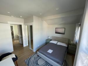 旧金山Beautiful 3 Bed 3 Bath upper house in Bernal Glen的一间小卧室,配有一张床和镜子