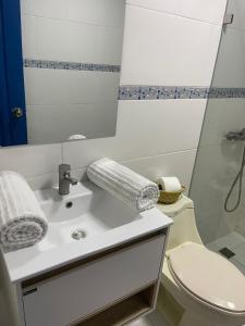拉罗马纳Nuovo Hotel Playa Catalina的一间带水槽、卫生间和镜子的浴室