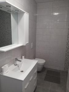 皮罗瓦茨Apartments with a parking space Pirovac, Sibenik - 17653的白色的浴室设有水槽和卫生间。