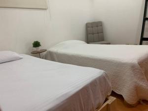 墨西哥城Hermoso depto c/alberca y gym Polanco的一间设有两张床和一张植物桌子的房间