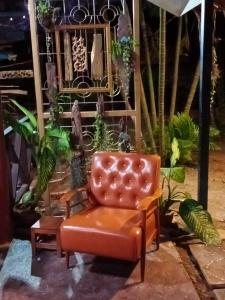 奥南海滩舒适花园度假村的棕色皮椅,坐在植物间