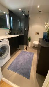 奥斯陆City Center (2bedroom/1bath/Balcony) Sørenga的一间带洗衣机和卫生间的浴室