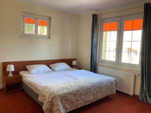 科希切日纳Hotel Gryf的一间卧室配有带2个枕头的床和2个窗户。