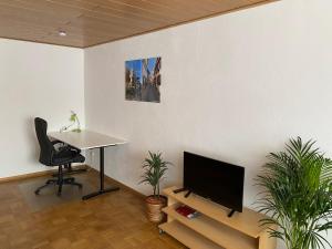 莱茵河畔因格尔海姆Ferienwohnung Stiegel的客房设有书桌、电视和椅子。