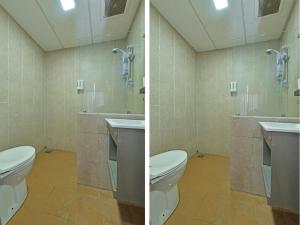 瓜拉丁加奴Super OYO 768 Fajar Baru Boutique Hotel的浴室设有卫生间和淋浴,两幅图片