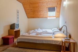 蒂豪尼Sylvia Ház的一间卧室设有一张木天花板床。