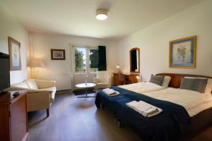 斯坎讷堡斯堪德伯豪斯酒店的一间卧室配有一张大床和椅子