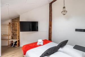 雷恩LE SAINT LOUIS - Apt 3 chambres au cœur de Rennes的一间卧室设有一张大床和一台墙上的电视。
