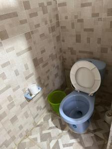 Puerto NariñoFlor de la selva的浴室设有蓝色的卫生间和绿色的篮子。
