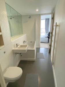伯明翰Rotunda - New Street, City Centre, Birmingham的一间带水槽、卫生间和镜子的浴室