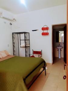 ChicoanaHostal Los Faroles Chicoana的一间卧室配有绿色的床和水槽
