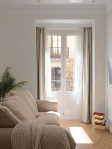 马德里DELUXE APARTMENT NEAR GRAN VIA的带沙发和窗户的客厅