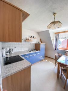 特洛普拉赫Ferienhaus Mörtl的厨房配有蓝色橱柜和桌子