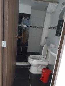 麦德林Hotel Bayadera Real的浴室配有卫生间、淋浴和盥洗盆。