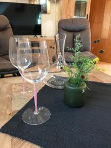 PeratschitzenKlopeinerperle的桌子上放着两杯酒和一盆盆植物