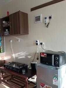 姆特瓦帕Mkombodzi Global Homes的厨房配有冰箱上方的微波炉