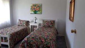 蒂默特Butterfly Cottage的一间卧室配有两张单人床和一把椅子
