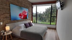 马尼萨莱斯Hotel Termales Tierra Viva的一间卧室设有一张床和一个大窗户