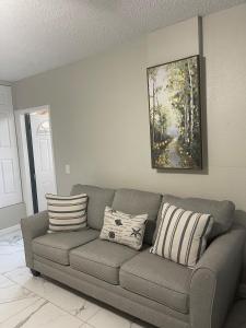 坦帕Adorable Suite in Tampa.的客厅的沙发,墙上有绘画作品