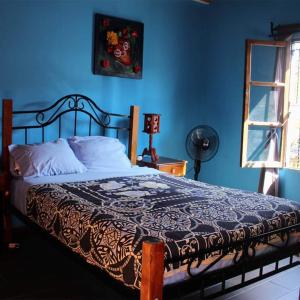 瓜纳华托Casa Jardín的蓝色的卧室,配有一张蓝色墙壁的床