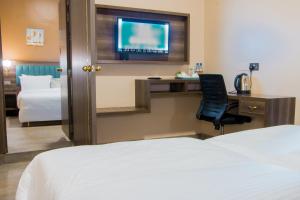 恩德培Hotel Horizon Entebbe的酒店客房配有一张床、一张书桌和一台电视。