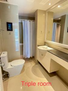 卡塔海滩Thalassa pool Kata Beach的一间带卫生间、水槽和镜子的浴室