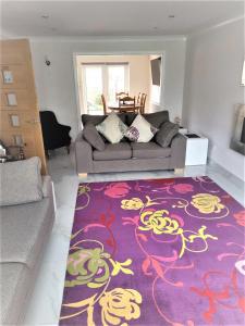 拉尔Smitten House 4 Bedroom RHYL的客厅配有沙发和紫色地毯