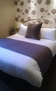 彭里斯奥尔巴尼旅馆的一张带蓝色和白色毯子的大床