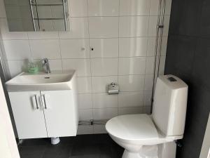 卡尔斯塔德Nice apartment, rural idyll just outside Karlstad的浴室配有白色卫生间和盥洗盆。