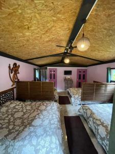 萨拉济Gite LA CASCADE BLANCHE的一间带三张床的卧室和粉红色的墙壁