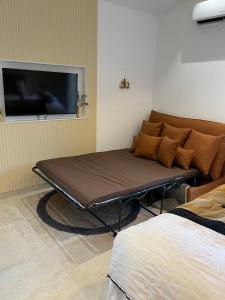 马赛Suite La Farigoulette的带平面电视的客房内的沙发