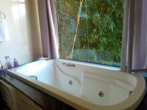 帕赖索波利斯Chalé Recanto do Sol的带窗户的浴室内的白色浴缸